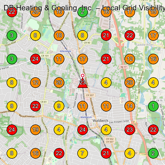 DB Heating & Cooling, Inc. Hvac Contractor GeoGrid ranking map for Waldwick NJ
